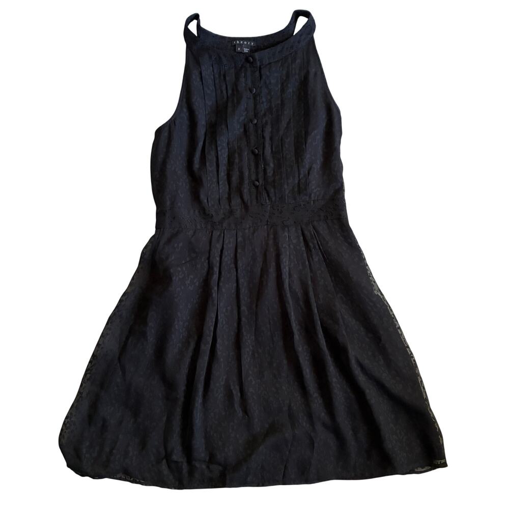 Theory Keresa Mini Dress Womens 2 Black Abstract Burnout Sleeveless Silk Blend